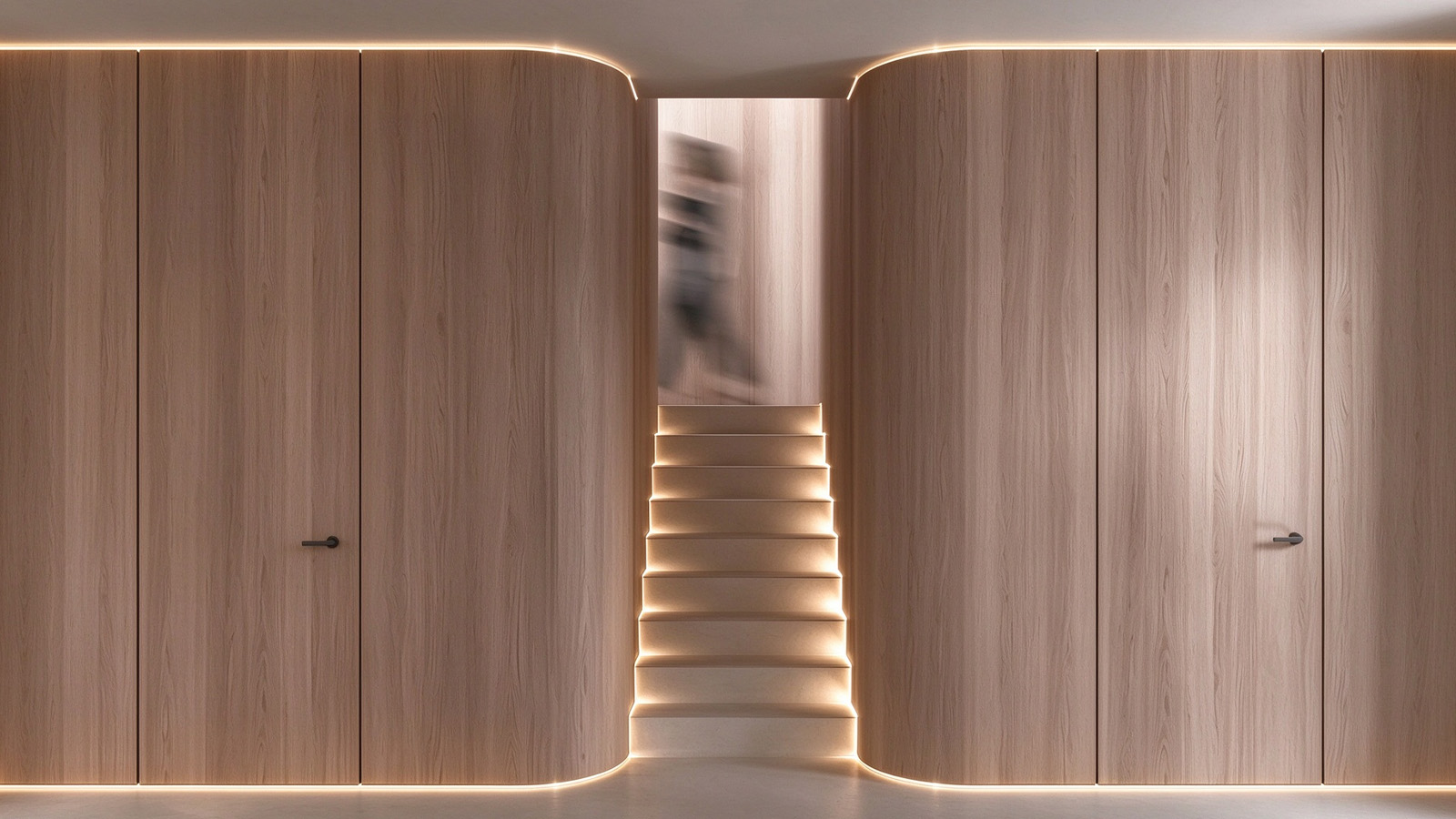 Système de porte dissimulée en aluminium et bois et de panneaux muraux intégrés pour couloir public