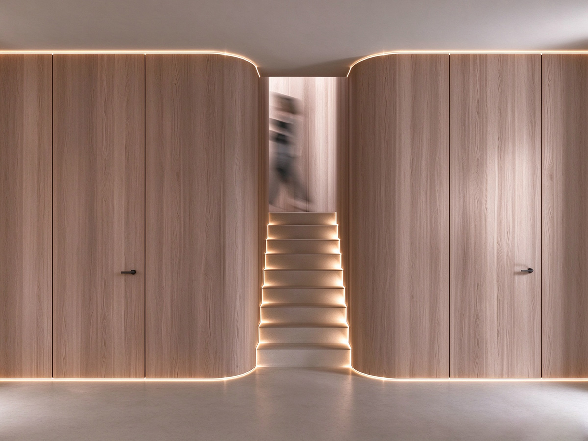 Public Corridor Concealed Aluminum-Wood Door and Integrated Wall Panel System