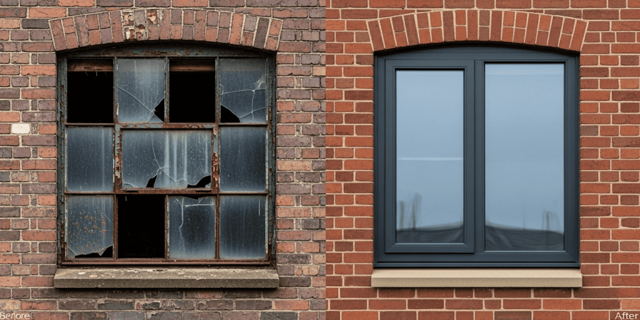 Before-and-after comparison replacing rusty steel windows with aluminium frames