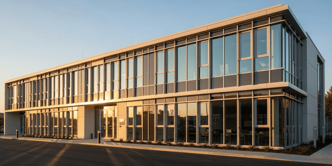Modern commercial facade with slim quality aluminium windows and large glass panels