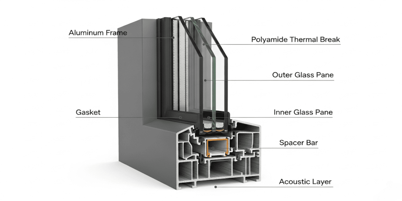 Aluminium window profile cross-section showing thermal break and multi-chamber insulation