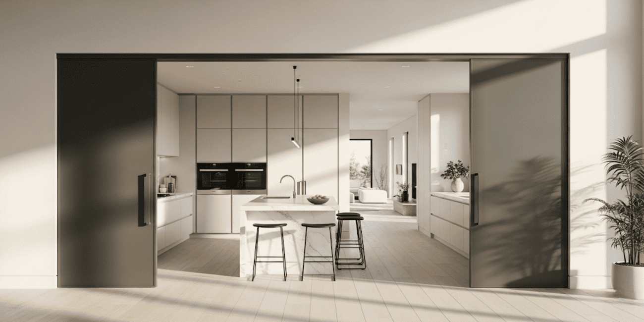 Custom Sliding Barn Doors – Interior Glass & Aluminum Designs for Kitchen and Bathroom Spaces