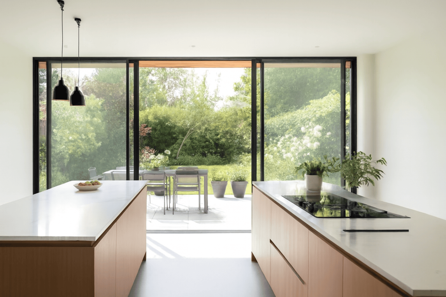Современный интерьер кухни с раздвижными стеклянными дверями, открывающими прекрасный вид на сад. Элегантная кухня отличается светлой деревянной мебелью, мраморной столешницей со встроенной варочной панелью и подвесными светильниками над островом. Сквозь стеклянные двери просматривается открытое пространство, открывающее вид на обеденную зону и пышную зелень.