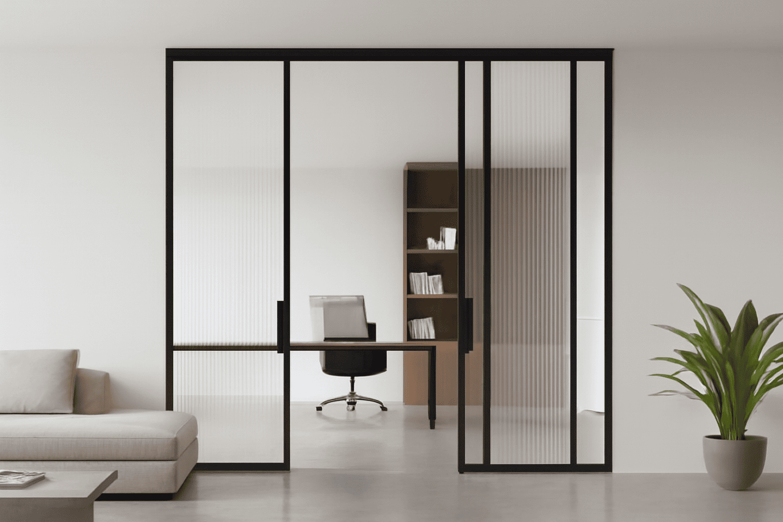 Современный интерьер с межкомнатными дверями из алюминиевого стекла и элегантным дизайном, отделяющими гостиную от офиса. Двери обрамлены черным алюминием, а матовые стеклянные панели пропускают естественный свет, создавая просторную и воздушную атмосферу.