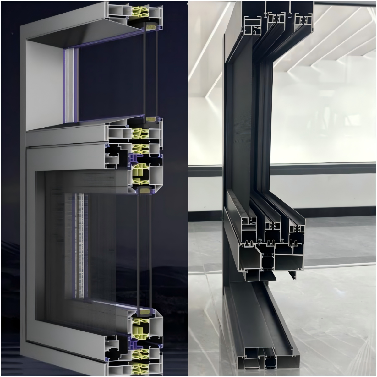 Thermal-break aluminum window profile cross-section showing multi-chamber frames and insulated glazing