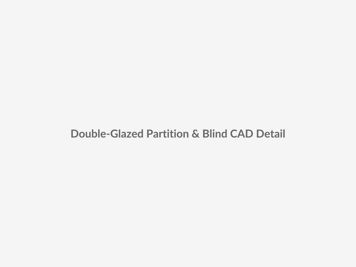 CAD sectional detail placeholder showing a double-glazed acoustic office partition with asymmetrical laminated glass, sealed air cavity, EPDM perimeter gaskets and an integrated blind transmission mechanism