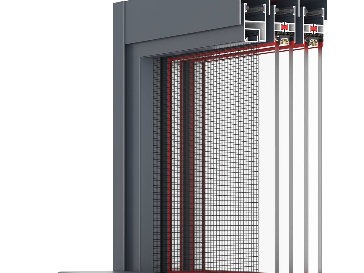 BC-S116/120 integrated glass balustrade and pleated-mesh detail