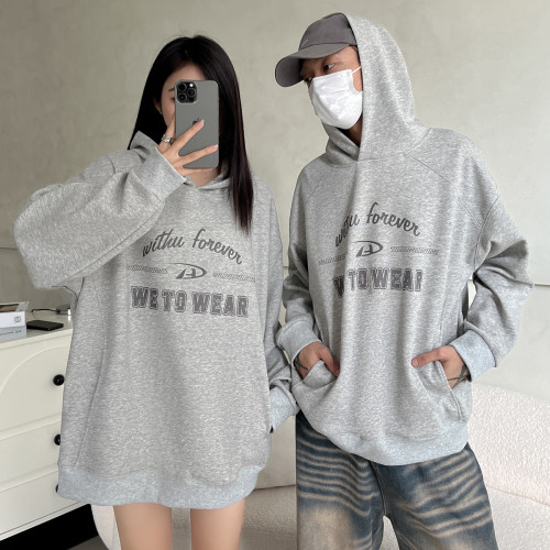 WTW Grey Thin Men's Hooides | Heat Transfer Printing | 100% Cotton | Relaxed Patchwork Line Hooded Sweatshirts | 280 Gsm