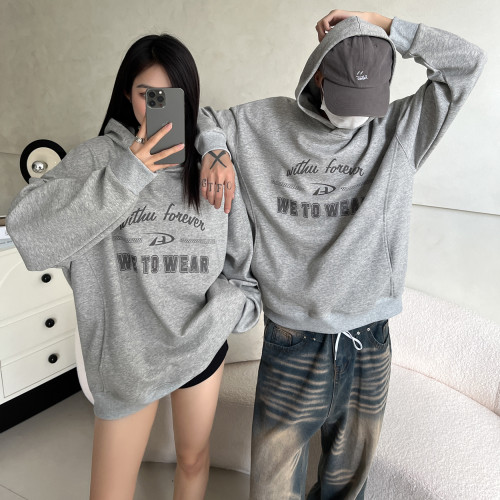 WTW Grey Thin Men's Hooides | Heat Transfer Printing | 100% Cotton | Relaxed Patchwork Line Hooded Sweatshirts | 280 Gsm