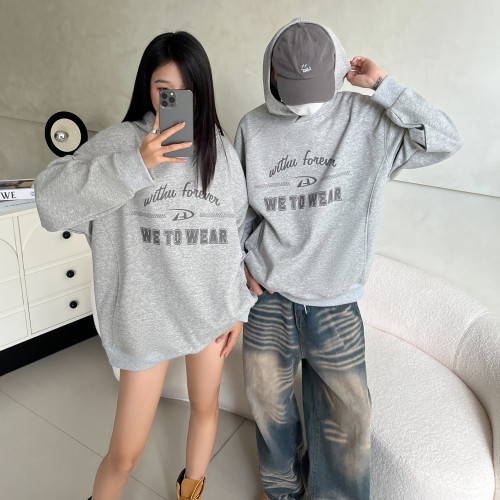 WTW Grey Thin Men's Hooides | Heat Transfer Printing | 100% Cotton | Relaxed Patchwork Line Hooded Sweatshirts | 280 Gsm