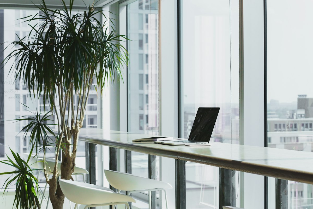Height adjustable desk beside a window