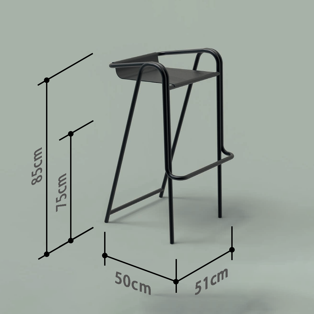 Dimension drawing of the Mutual Bar Chair.