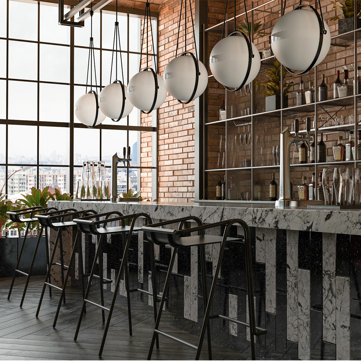 كرسي البار Mutual هو كرسي معدني عالي يستخدم في مقاهي الفندق أو في الهواء الطلق.