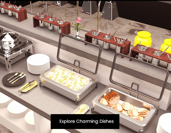 Chafing dishes arranged in a coordinated hotel buffet setup