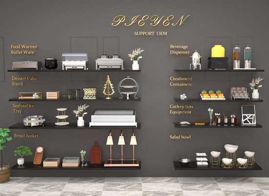 Buffet service area with coordinated drink and food dispensers