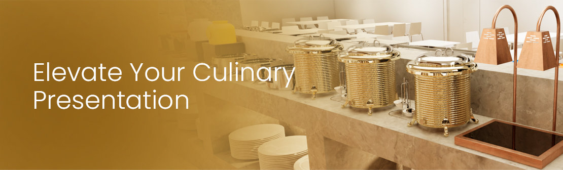 Commercial chafing dishes and food warmers on a hotel buffet line