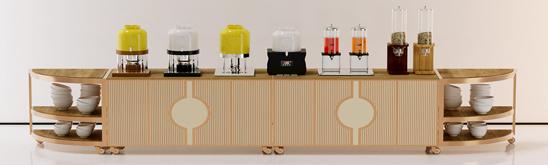 Drink and food dispensers arranged on a hotel breakfast buffet counter