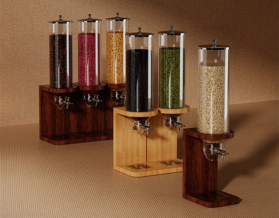 Cereal and dry food dispensers used on a hotel buffet line