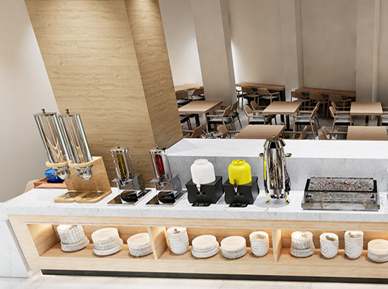 Custom drink dispensers with selected finishes in a commercial buffet setting