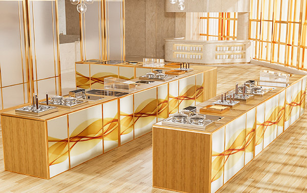 Custom buffet islands with induction chafing dishes