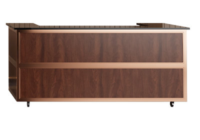 Close-up of GH2114 walnut veneer panels, copper trim and casters