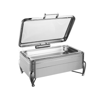 Full Size Stainless Steel Induction Chafer with Glass Top, Soft Close Lid, and Stand with Fuel Holders, Perfect for Catering and Events