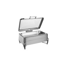 Full Size Stainless Steel Induction Chafer with Glass Top, Soft Close Lid, and Stand with Fuel Holders, Perfect for Catering and Events