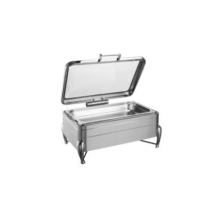 Full Size Stainless Steel Induction Chafer with Glass Top, Soft Close Lid, and Stand with Fuel Holders, Perfect for Catering and Events