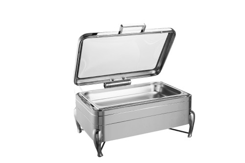 Full Size Stainless Steel Induction Chafer with Glass Top, Soft Close Lid, and Stand with Fuel Holders, Perfect for Catering and Events