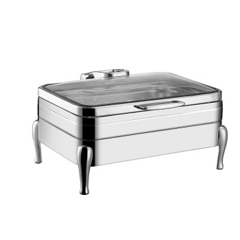 Full Size Stainless Steel Induction Chafer with Glass Top, Soft Close Lid, and Stand with Fuel Holders, Perfect for Catering and Events
