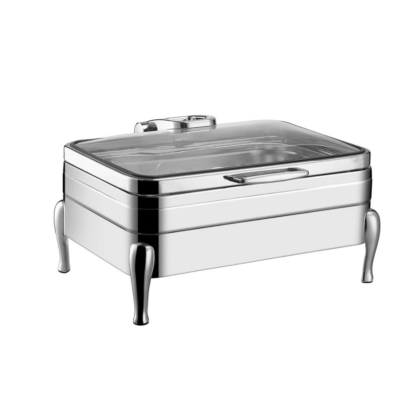 Full Size Stainless Steel Induction Chafer with Glass Top, Soft Close Lid, and Stand with Fuel Holders, Perfect for Catering and Events