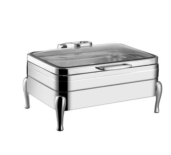 Full Size Stainless Steel Induction Chafer with Glass Top, Soft Close Lid, and Stand with Fuel Holders, Perfect for Catering and Events