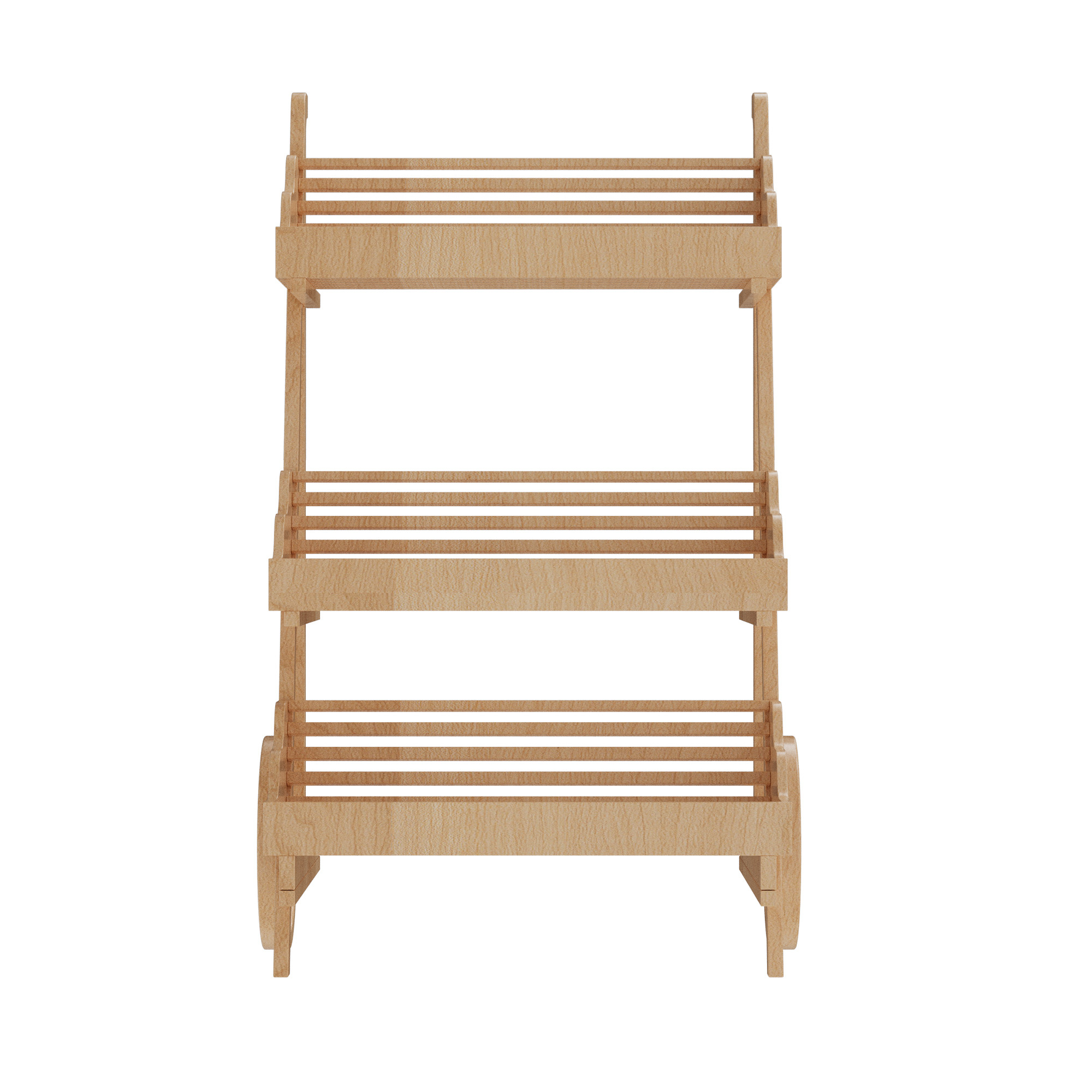 Front view of the GH6561 three-tier wooden display trolley