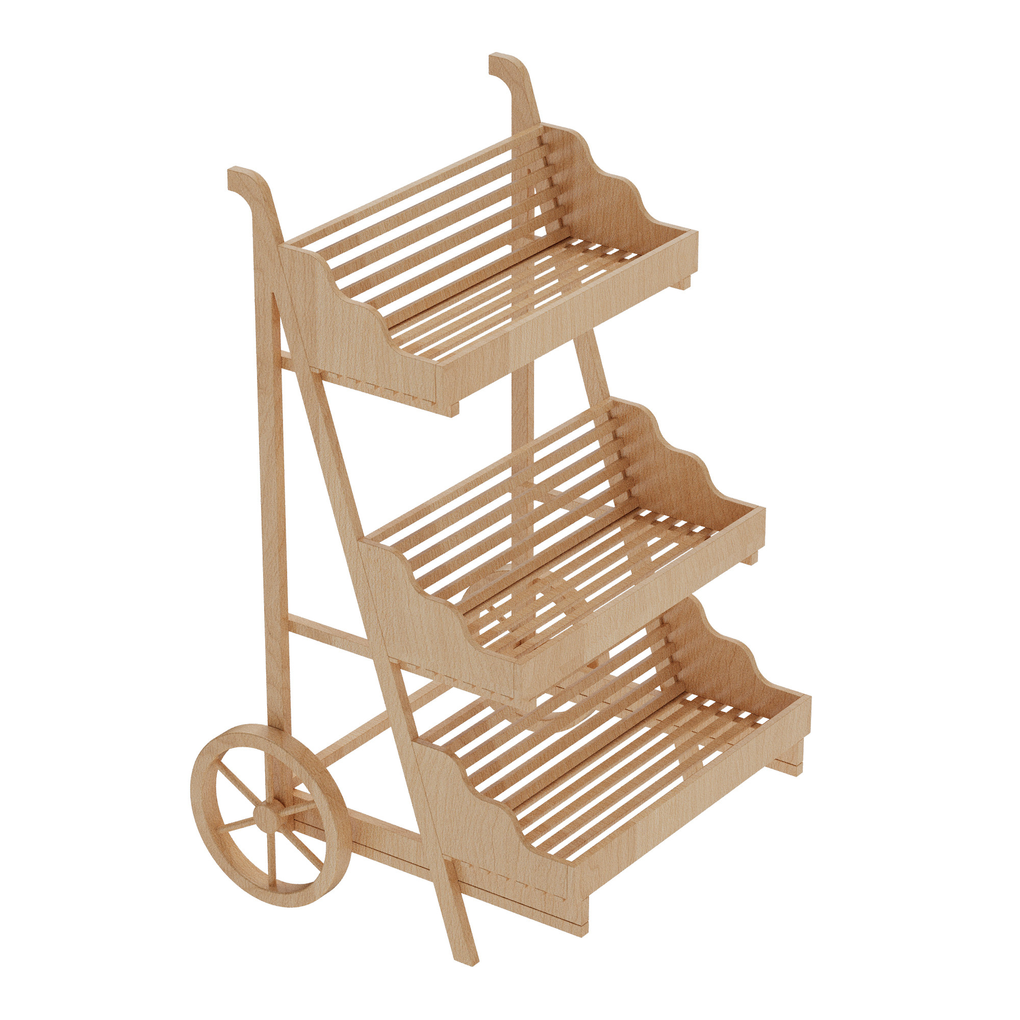 GH6561 beech wood three-tier display trolley with slatted shelves and large spoked wheel