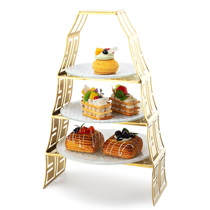 1516G three-tier gold dessert display stand with glass plates loaded with pastries