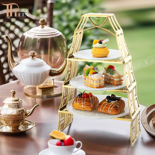 Three-Layer Gold Display Stand with Glass Tray | Customizable Design | Durable Construction | Ideal for Commercial Use & Wholesale | OEM & ODM Available | Exclusive Bulk Discounts