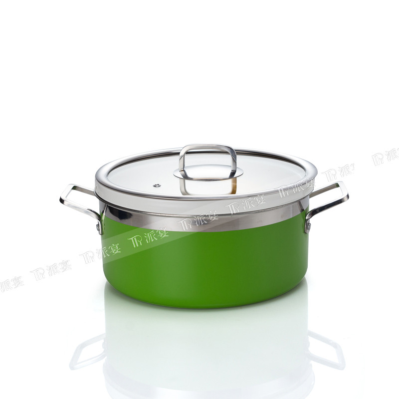 Stainless Steel Green Three-Layer Steel Hot Pot | Transparent Lid, Ceramic Inner Pot | Stainless Steel Handle, Colored Pot | Ideal for Buffets, Restaurants, and Home Dining | Support OEM, ODM | Wholesale Available