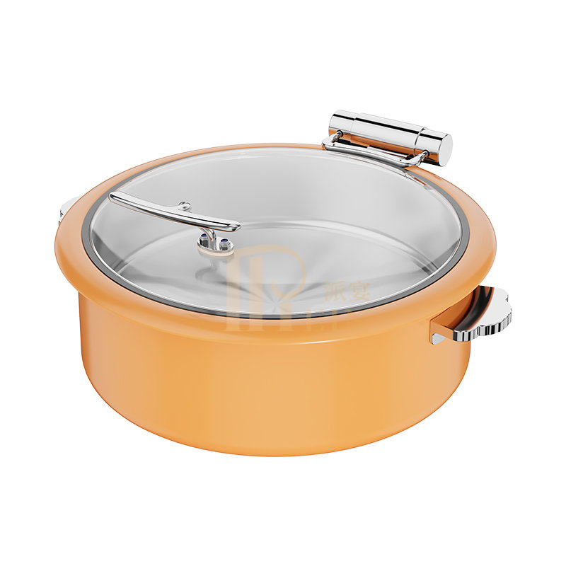 Steel buffet pot with glass cover and hydraulic rod showing a customizable structure