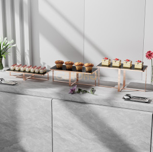 Rectangular Buffet Risers and Stands in Rose Gold with 5mm Black Glass Plate | Modern & Elegant Buffet Display | Ideal for Hotels, Restaurants, Events, and Weddings | Customizable Design | Support OEM, ODM