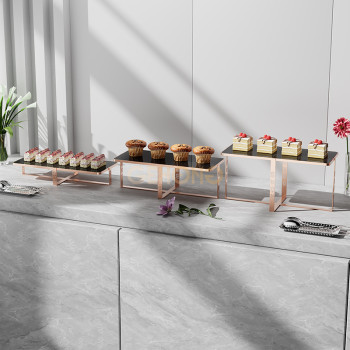 Rectangular Buffet Risers and Stands in Rose Gold with 5mm Black Glass Plate | Modern & Elegant Buffet Display | Ideal for Hotels, Restaurants, Events, and Weddings | Customizable Design | Support OEM, ODM