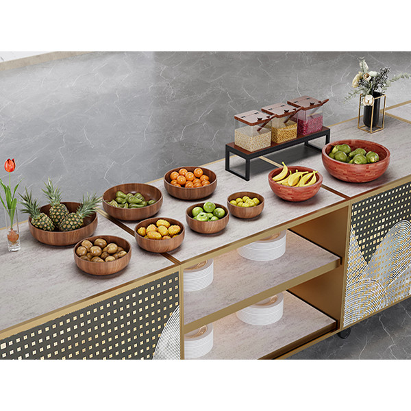 مجموعة كاملة من أوعية البوفيه والموزع للفنادق - أوعية خشبية + موزع شفاف