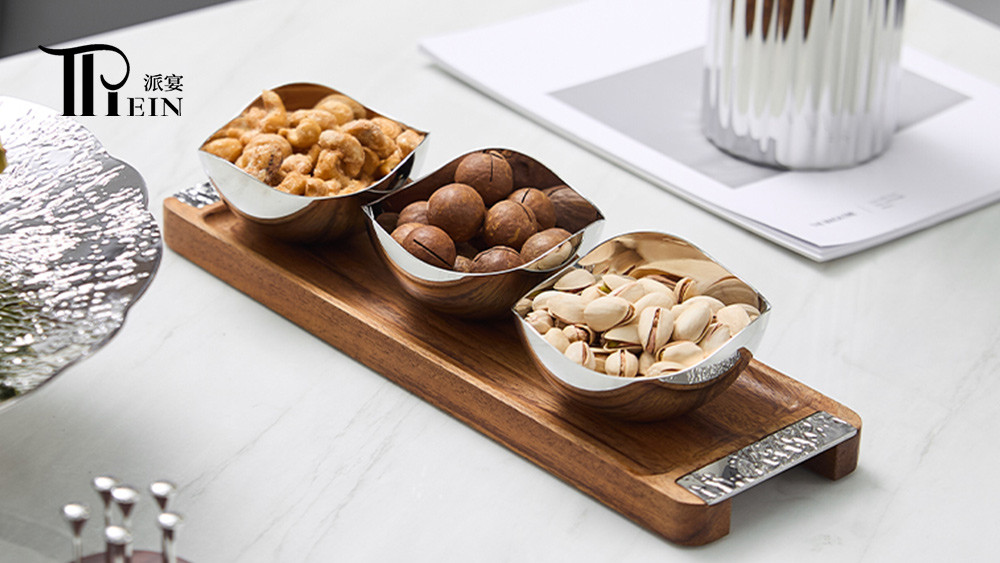 Square Wooden Stand With Three Wave Bowls