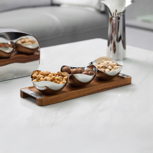 Square Wooden Stand with Three Wave Bowls | Wooden Buffet Display Stand | 3 Bowl Wave Shape Serving Set | Dessert Fruit Snack Display | Hotel Buffet & Catering | Supports OEM, ODM