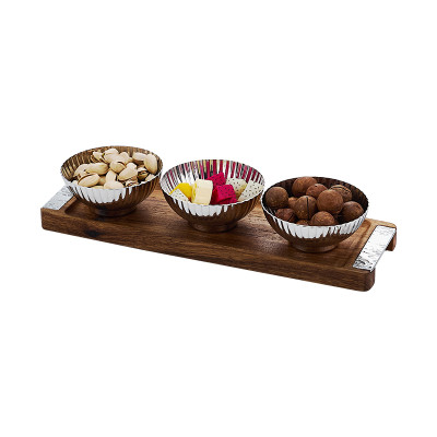 Square Wooden Stand with Three Wave Bowls | Wooden Buffet Display Stand | 3 Bowl Wave Shape Serving Set | Dessert Fruit Snack Display | Hotel Buffet & Catering | Supports OEM, ODM