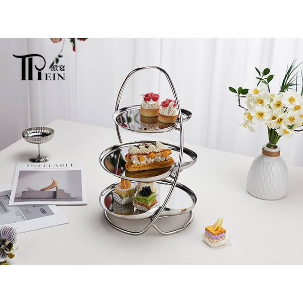 حامل كيك ثلاثي الطبقات من الفولاذ المقاوم للصدأ لعرض البوفيهات والحلويات