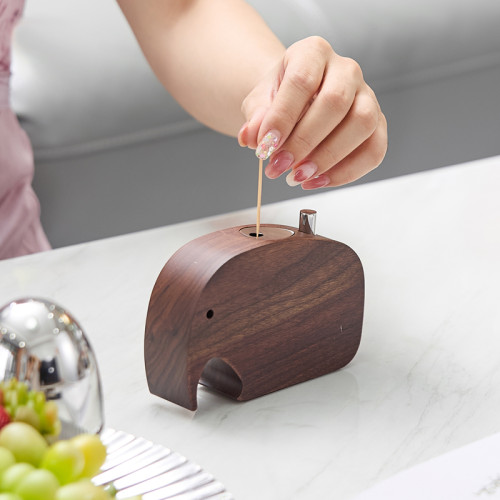 Walnut Wood Elephant-Shaped Push-Button Toothpick Holder | Automatic Toothpick Dispenser Box | Wooden Tabletop Toothpick Case | Hotel Restaurant & Home Use | OEM ODM