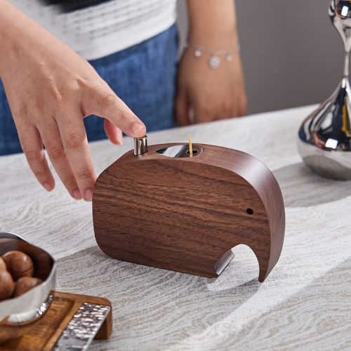 Walnut Wood Elephant-Shaped Push-Button Toothpick Holder | Automatic Toothpick Dispenser Box | Wooden Tabletop Toothpick Case | Hotel Restaurant & Home Use | OEM ODM