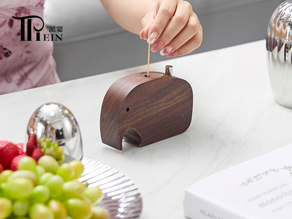 Walnut Wood Elephant-Shaped Push-Button Toothpick Holder for Restaurants & Hotels