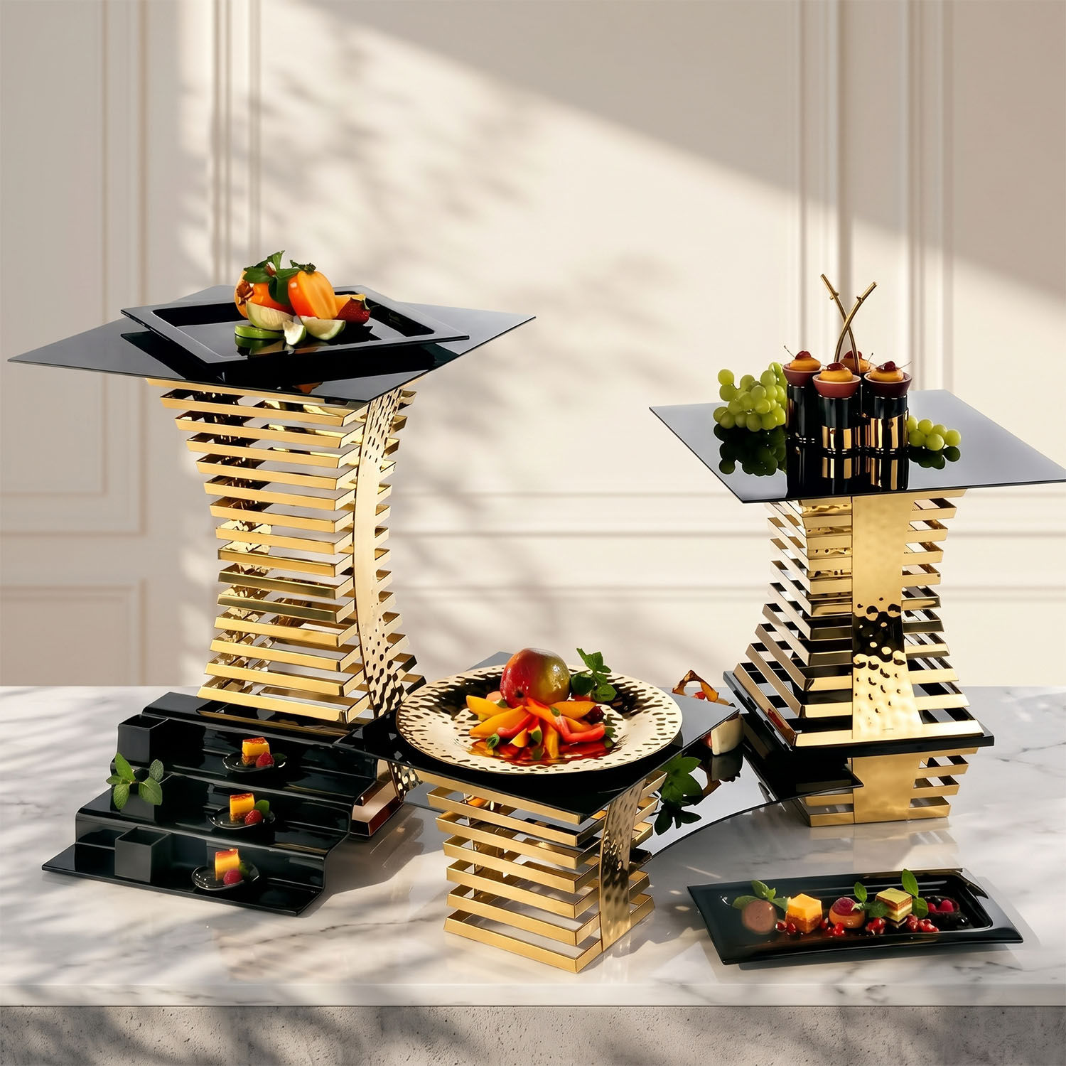 Food presentation design with tiered buffet display heights