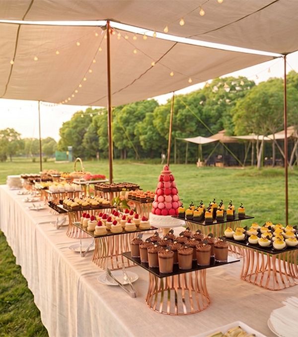 Outdoor catering and event buffet setup with mobile stations